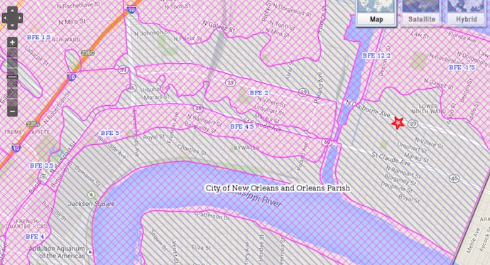 Present-day New Orleans flood risk map. The Lower Ninth Ward is the big gray space to the right; the French Quarter is in lower-left. Both are primarily outside the areas of increased flood risk (pink).